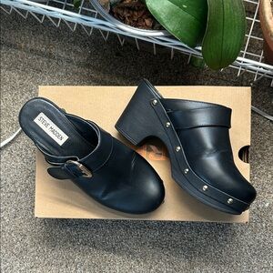 Steve Madden Black Leather Mules with Stud Accents